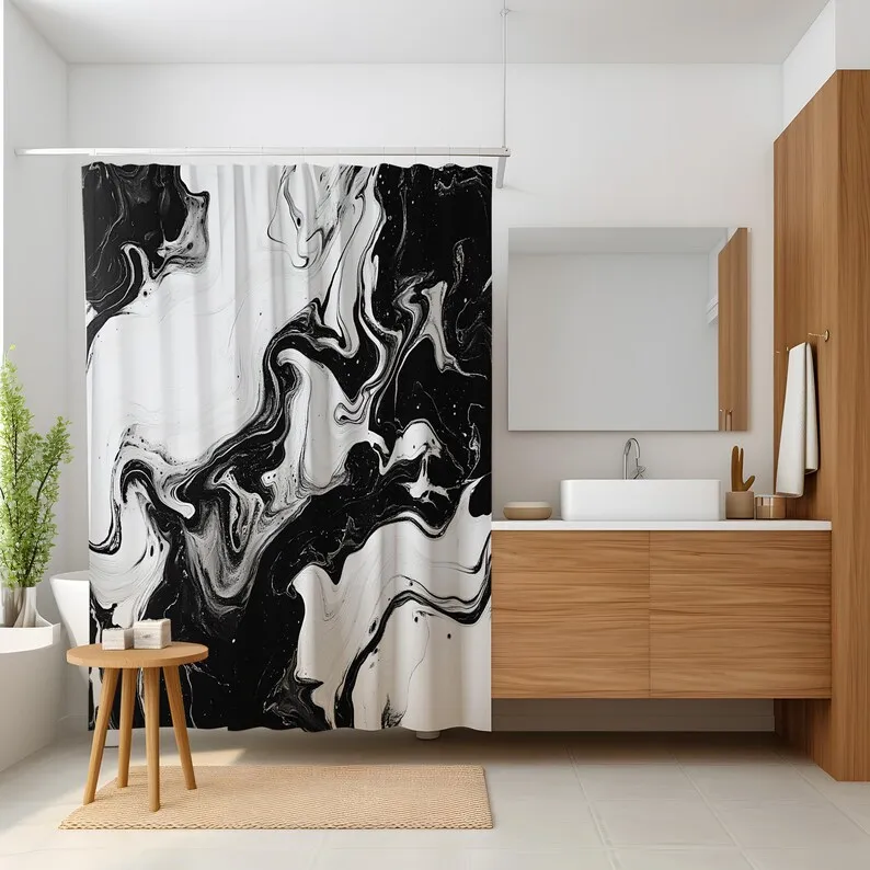 Black and White Marble Shower Curtain, Fluid Abstract Swirl Design, Bold Monochrome Bathroom Art, Modern Minimalist Gift