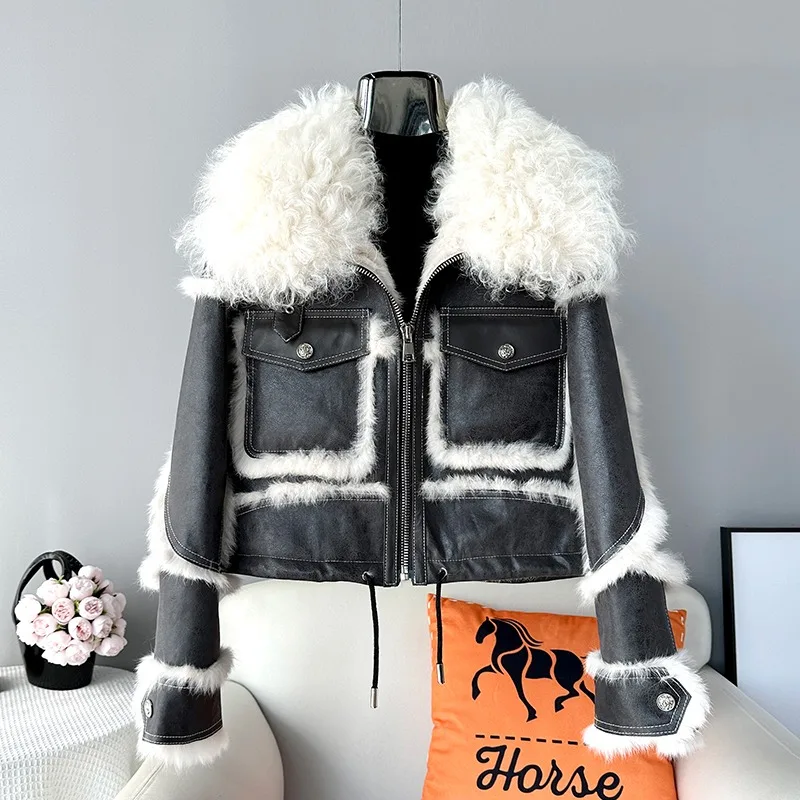 Whole Skin Rabbit Fur Fur One Coat Female Short 2023 Fall and Winter New Wool Collar Locomotive Style Jacket JT444