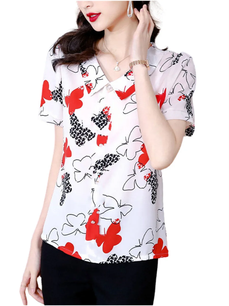 

4XL Women Spring Summer Spring Shirts Lady Fashion Casual Short Sleeve Turn-down Collar Butterfly Printing Blusas Tops G2319