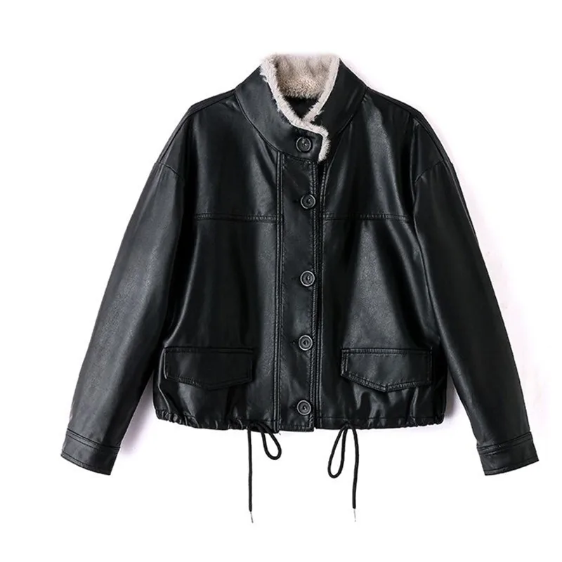 

Fashion Velvet Thick Warm Faux Leather Jacket Autumn Winter New Stand-Up Collar Short Locomotive Coat Female Loose Outwear T1481