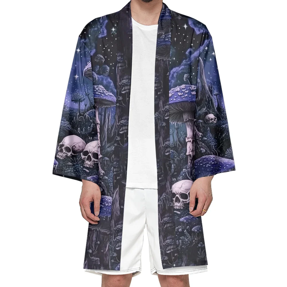 Autumn Samurai Kimono Cosplay Japanese Fashion Men Stylish Haori Kimono Vintage Cardigan Skull Print Robe Trend Retro Yukata