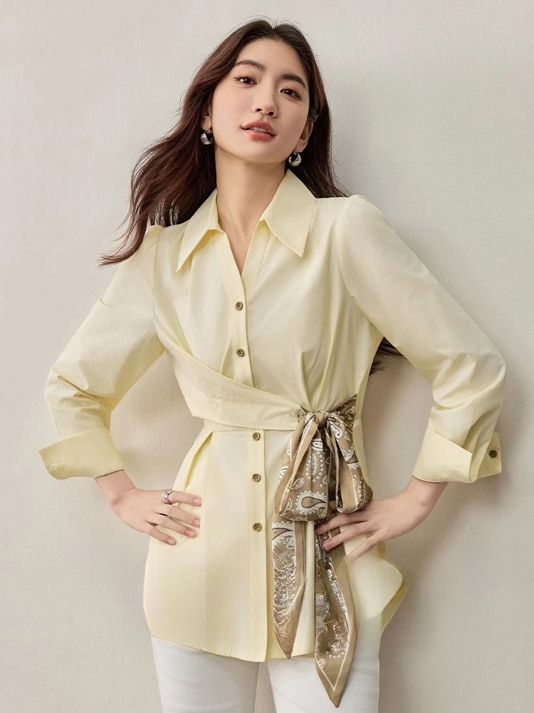 Sentubila 100% algodão feminino cachecol cinto camisa outono 2025 cintura polo pescoço elegante commuter blusa manga longa topo w53ca2860