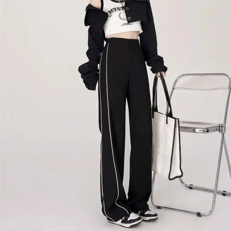 

Autumn Korean Street Fashion Wide Leg Pants Women Solid Patchwork Stripe Pocket Loose Versatile High Waist Straight Sports Pants