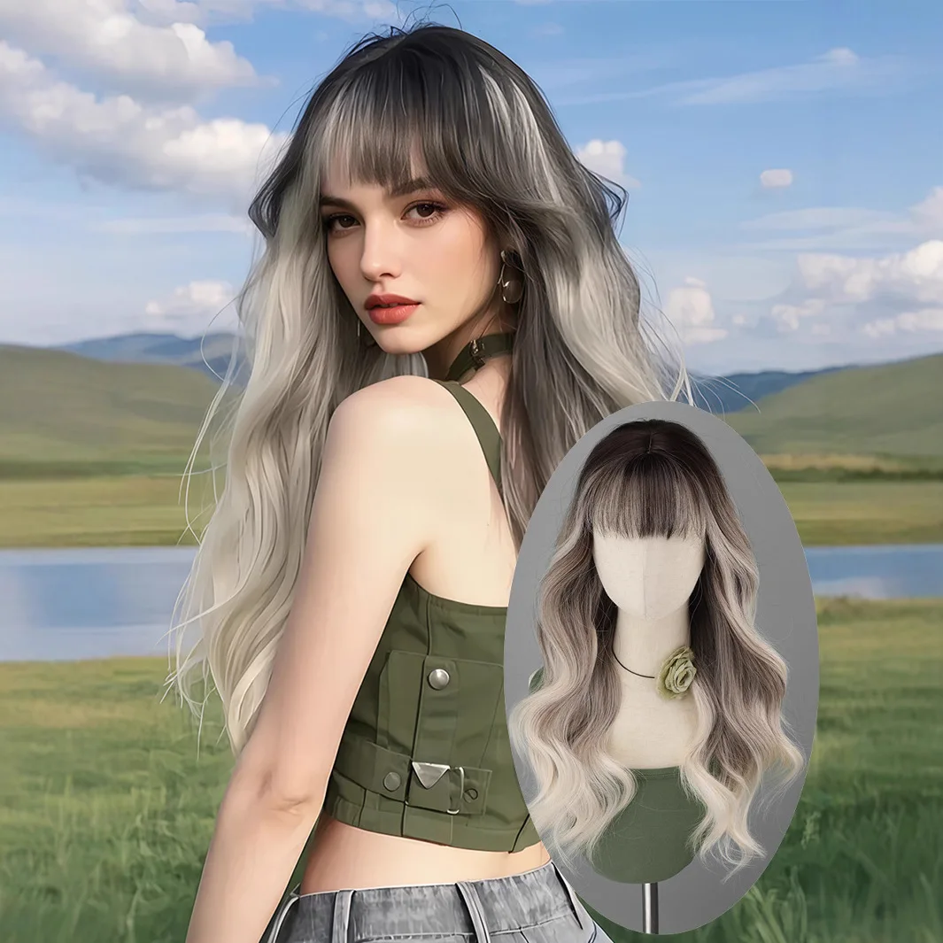 

Long curly hair wig simulation large scalp headgear gradual change long hair