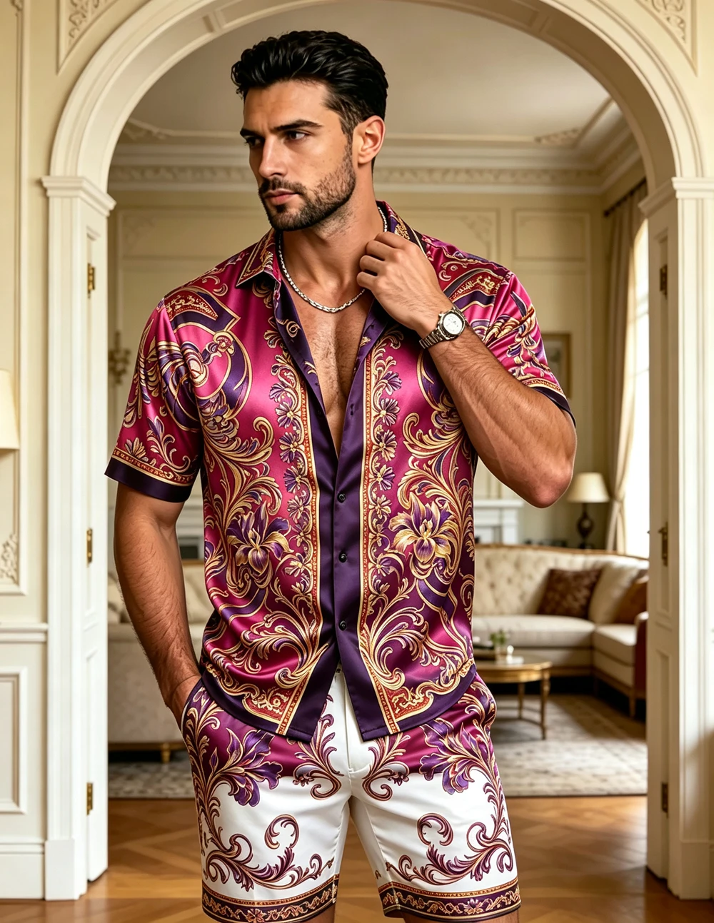 New Men's Elegant and Fashionable Short-Sleeve Shorts Set with British-Style Printed Shirt, Ideal Gift for Men Fast Shipping