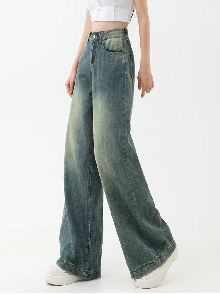Vintage Wide Leg Jeans Women 2023 American Street Retro Loose Casual Denim Trousers Female Pocket High Waist Pants Y2K Ulzzang