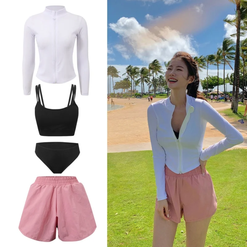 Rash Guard Shirt for Women Long Sleeve UV Sun Protection Swimwear Swim Tops+Bottoms 4pcs/set Beachwear Rashguards