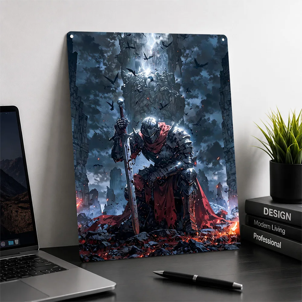 Kneeling Knight in Dark Fantasy Landscape Poster Gaming Wall Art Customized Retro Metal Sign for Bedroom Home Decor Gamer Gift