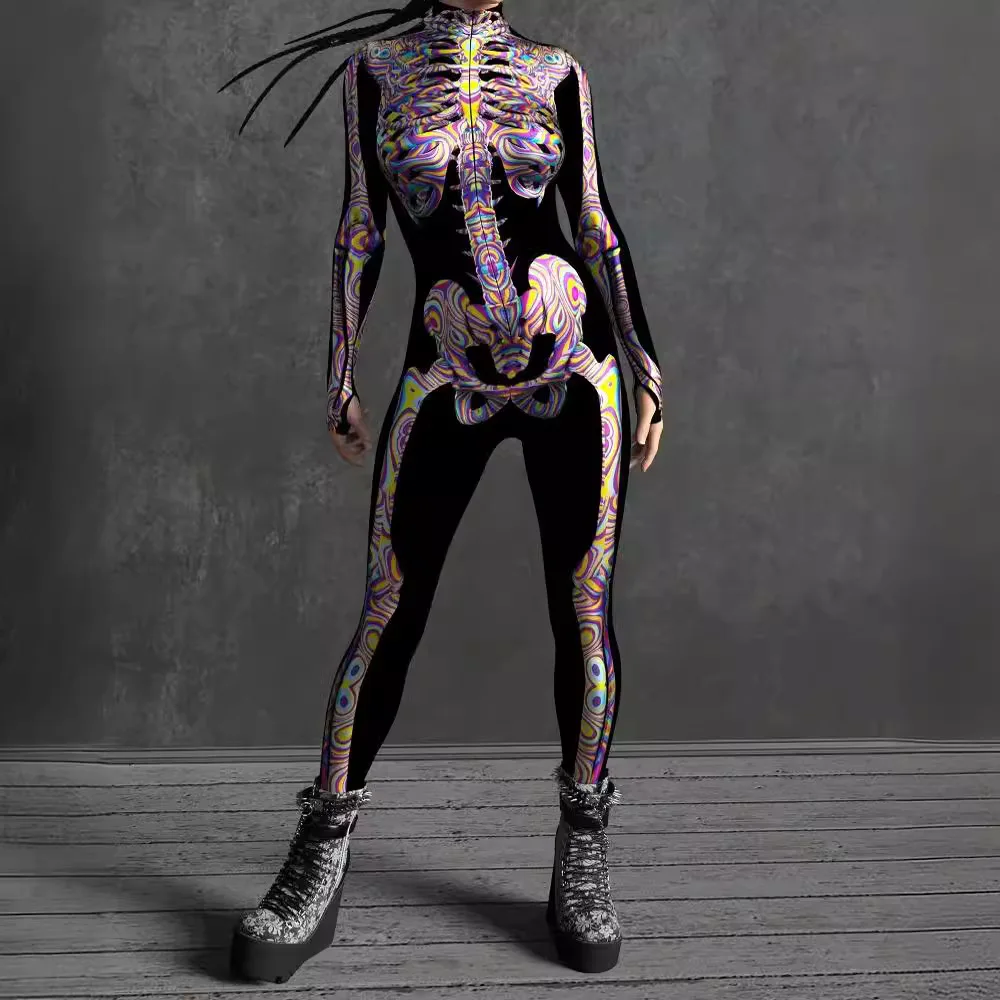 Cosplay Steampunk Kostüme Halloween Party Jumpsuits Skelett Catsuit Bodysuits Damen Muskel-Romper Zentai Outfit – Detail 4