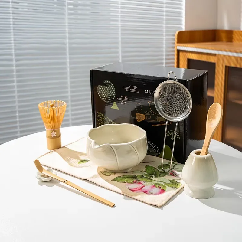 Japanese Ceramic Matcha Tea Set with Whisk Bowl Traditional Ceremony Ware Gradient Flower Design Teaware Gift for Home Decor