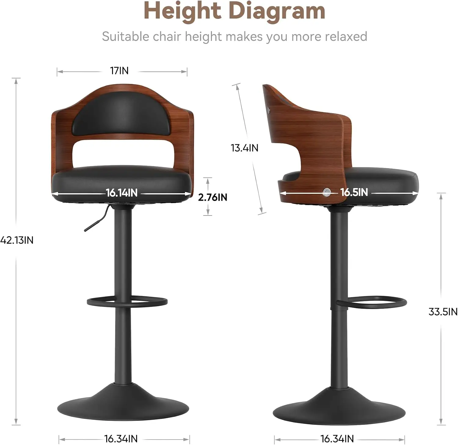 Modern Bar Stools Set of 3, Faux Leather Upholstered Swivel Bar Stools, Adjustable Counter Height Bar Chairs with Back for Kitch view 2