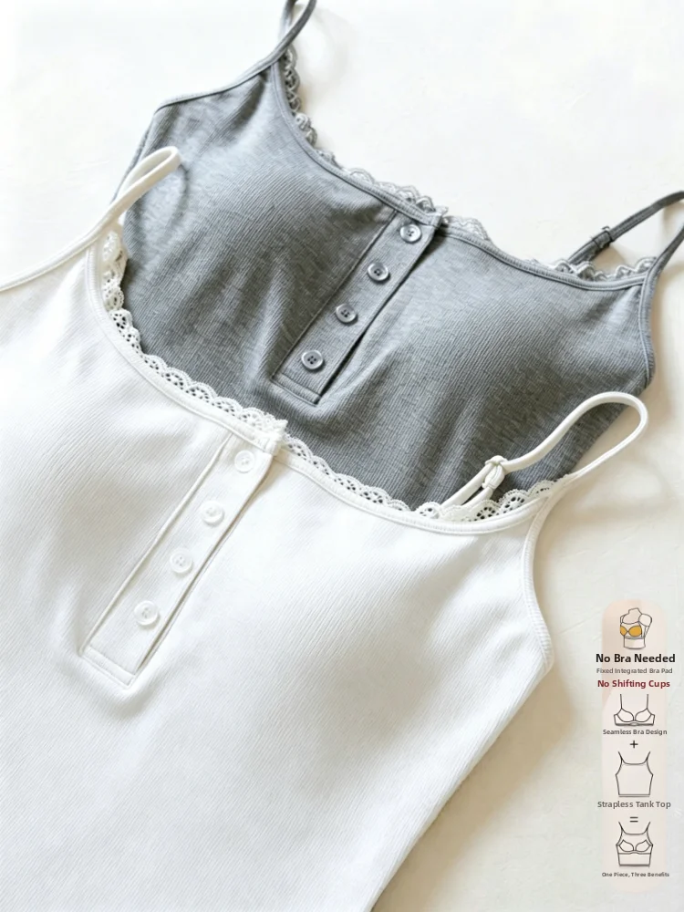 Lace Button Women's Tank Top 95 Cotton Inner Wear Slim Fit Base Shirt Summer Style Simple Design Pure Color Outerwear