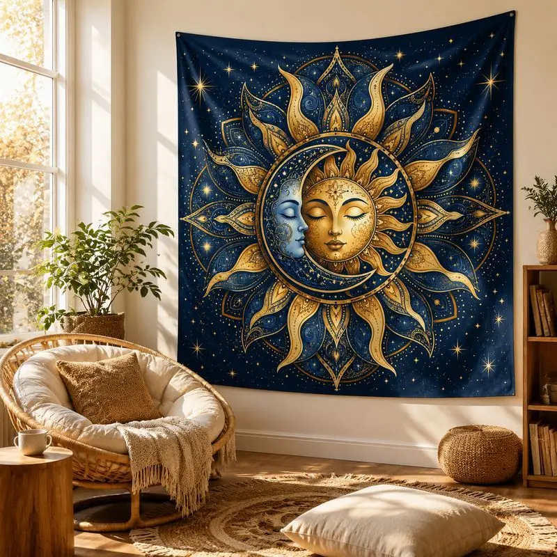 VIKAMA Mysterious All Seeing Eye Sun Moon Tapestry Flower Starry Sky Bohemian Wall Hanging Aesthetic Home Decor