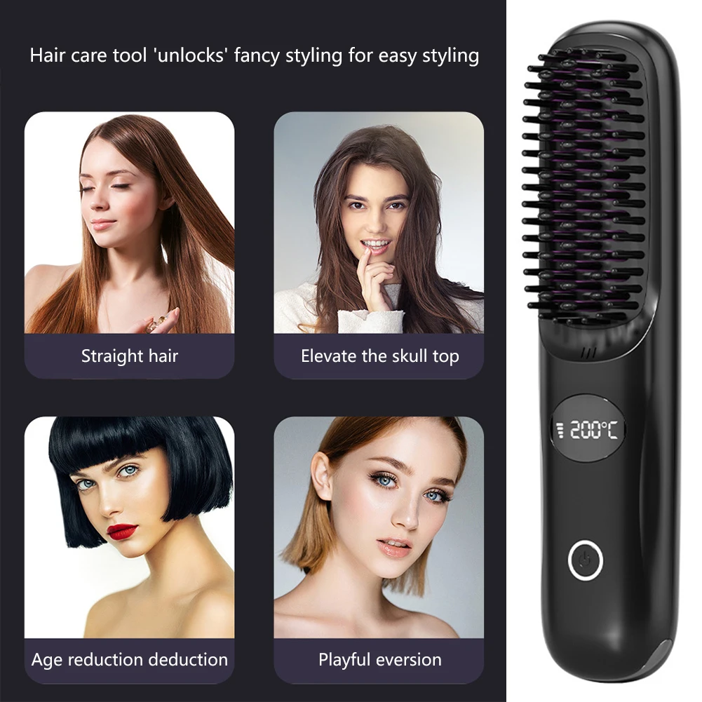 Portable Cordless Hair Straightener Brush with 3 Settings Anti-Scald Ceramic Heating Electric Comb for Home Hair Styling Tool