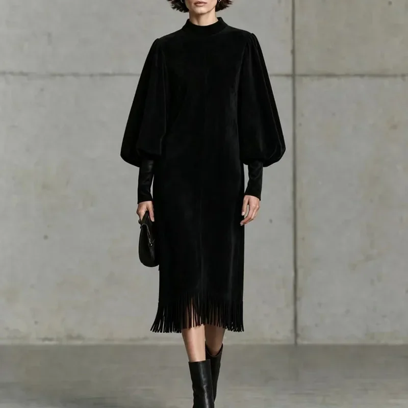 Women Mock Neck Suede Midi Dress Lantern Sleeve Tassel Hem Loose Straight Dress Solid Casual Western Elegant Fall Winter Dresses