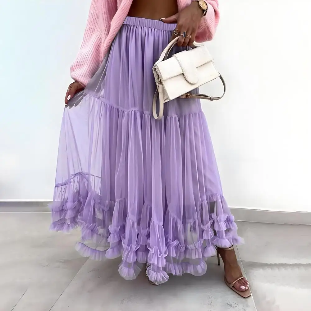 Mesh Yarn Midi Skirt High Elastic Waist Ruffles Trim A-line Skirt Casual Solid Color Puffy Skirt Work Leisure Parties Wear