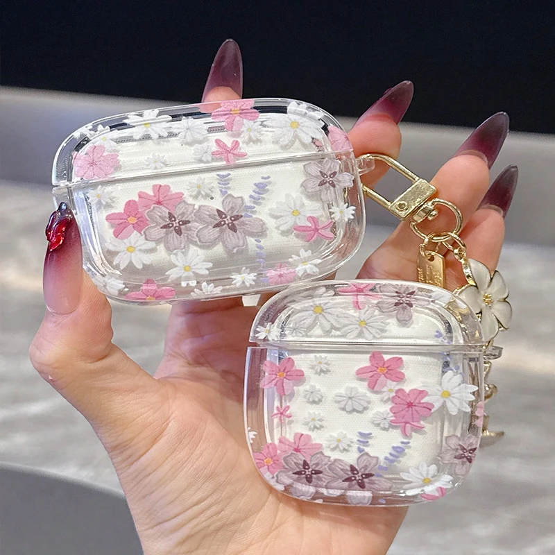 Rosa Blumenmuster Drahtlose Bluetooth-Hülle für AirPods 4 3 1/2 AirPod Pro und Pro2 Hülle TPU Headset-Schutzhülle mit Hoo