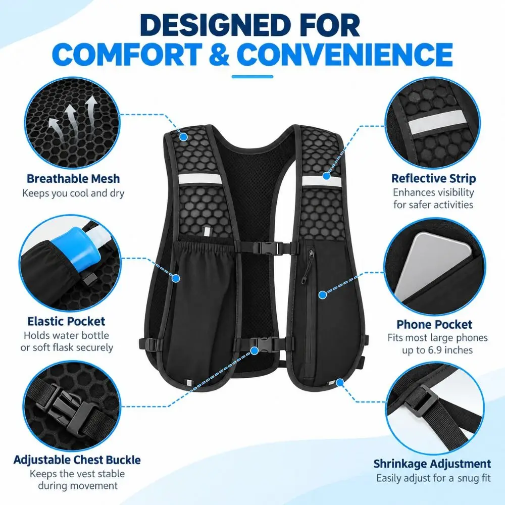 2PCS Nylon Hydration Running Vest Lightweight with Reflective Strips Hydration Vest Backpack Breathable Running Hydration Pack