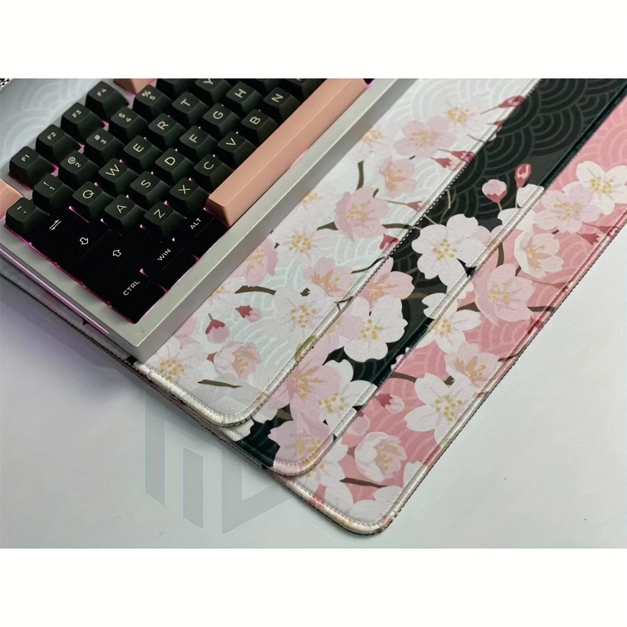 XXL Oversized cherry blossom black mouse pad thickened non-slip rubber pink and white floral pattern keyboard mat desk decor rug