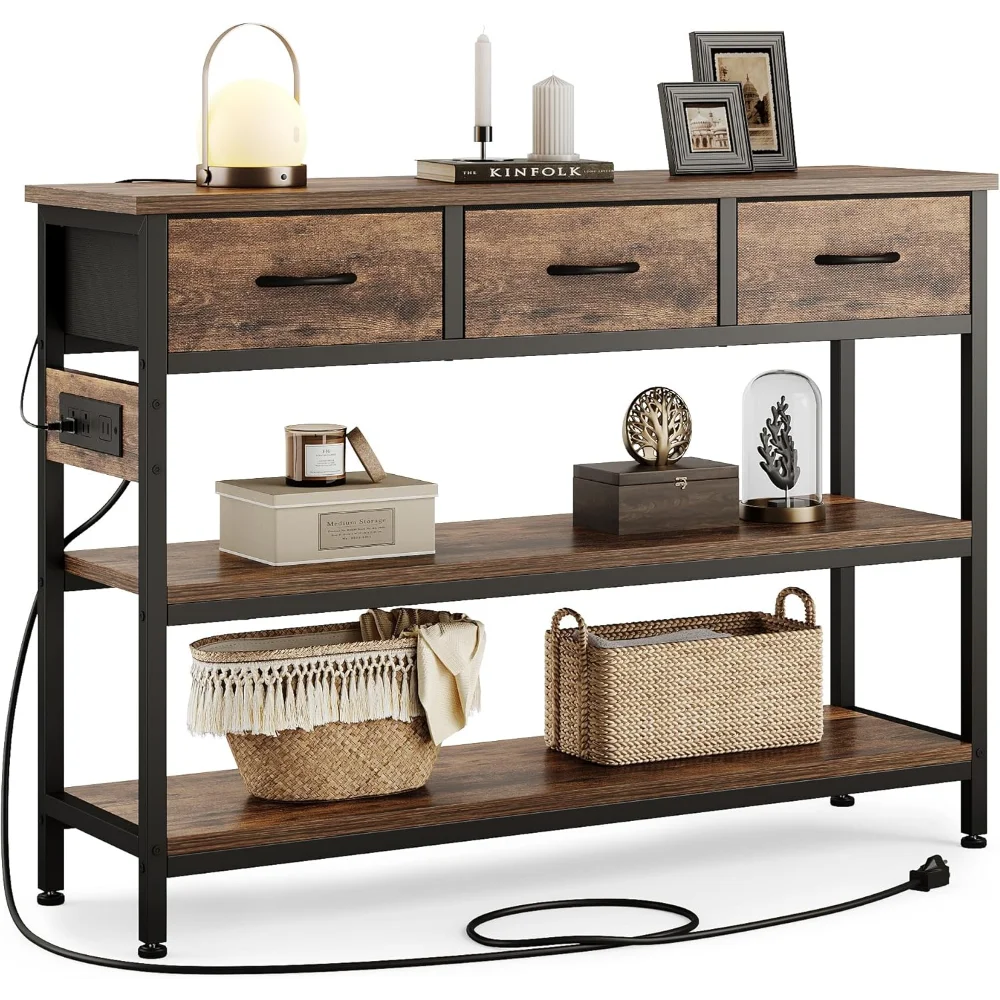 

Entryway Table with Power Outlets, Console Table with 3 Fabric Drawers, Sofa Table for Living Room, Hallway, Couch, Foyer
