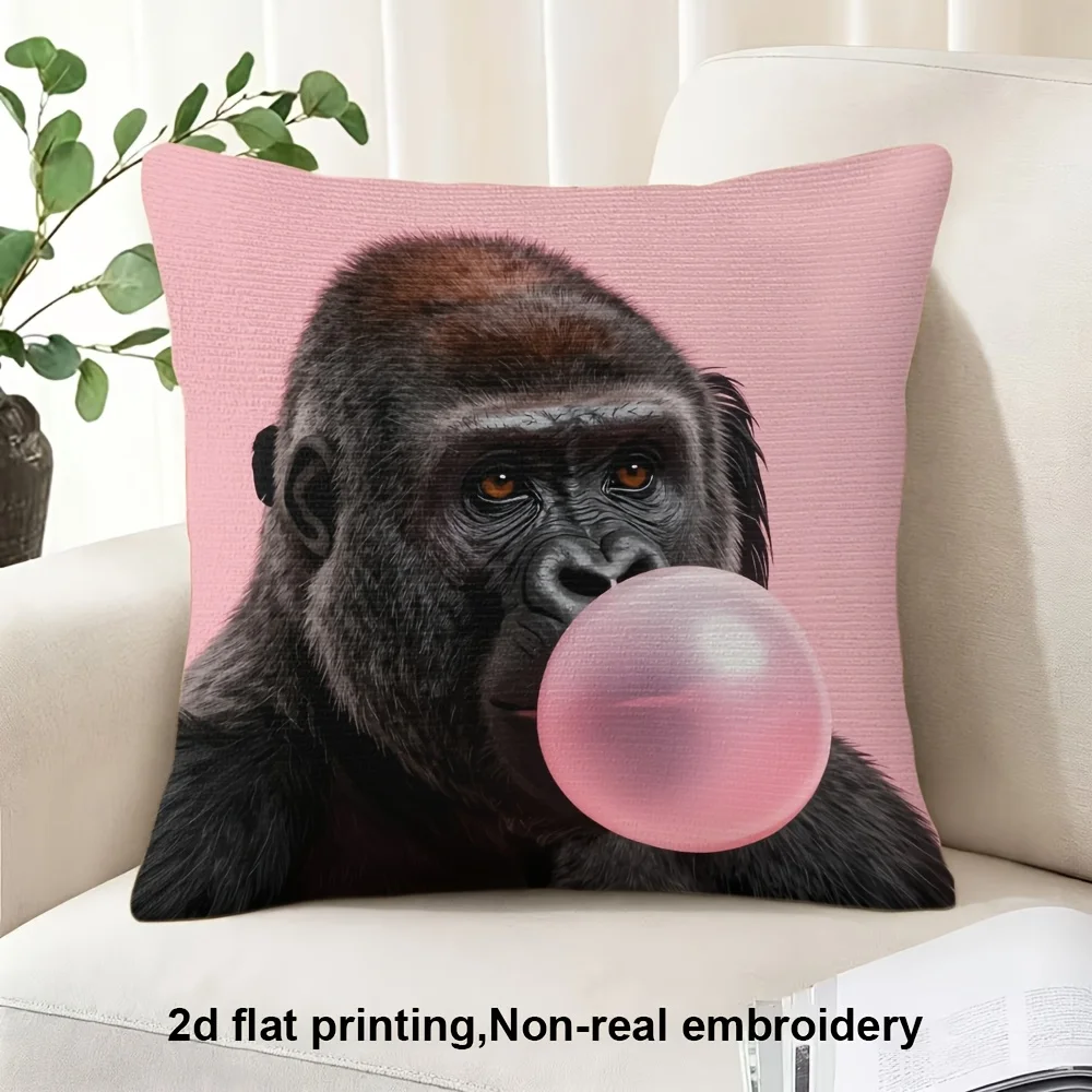 Funny Gorilla Blowing Bubble Gum Pillow Case, Cute Animal Portrait Cushion Cover, Quirky Home Decor for Sofa Living Room Bedroom