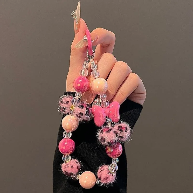 Leopard Print Bow Beaded Wrist Strap, Fluffy Pom Pom Chain Lanyard for Phone CCD Camera Keychain