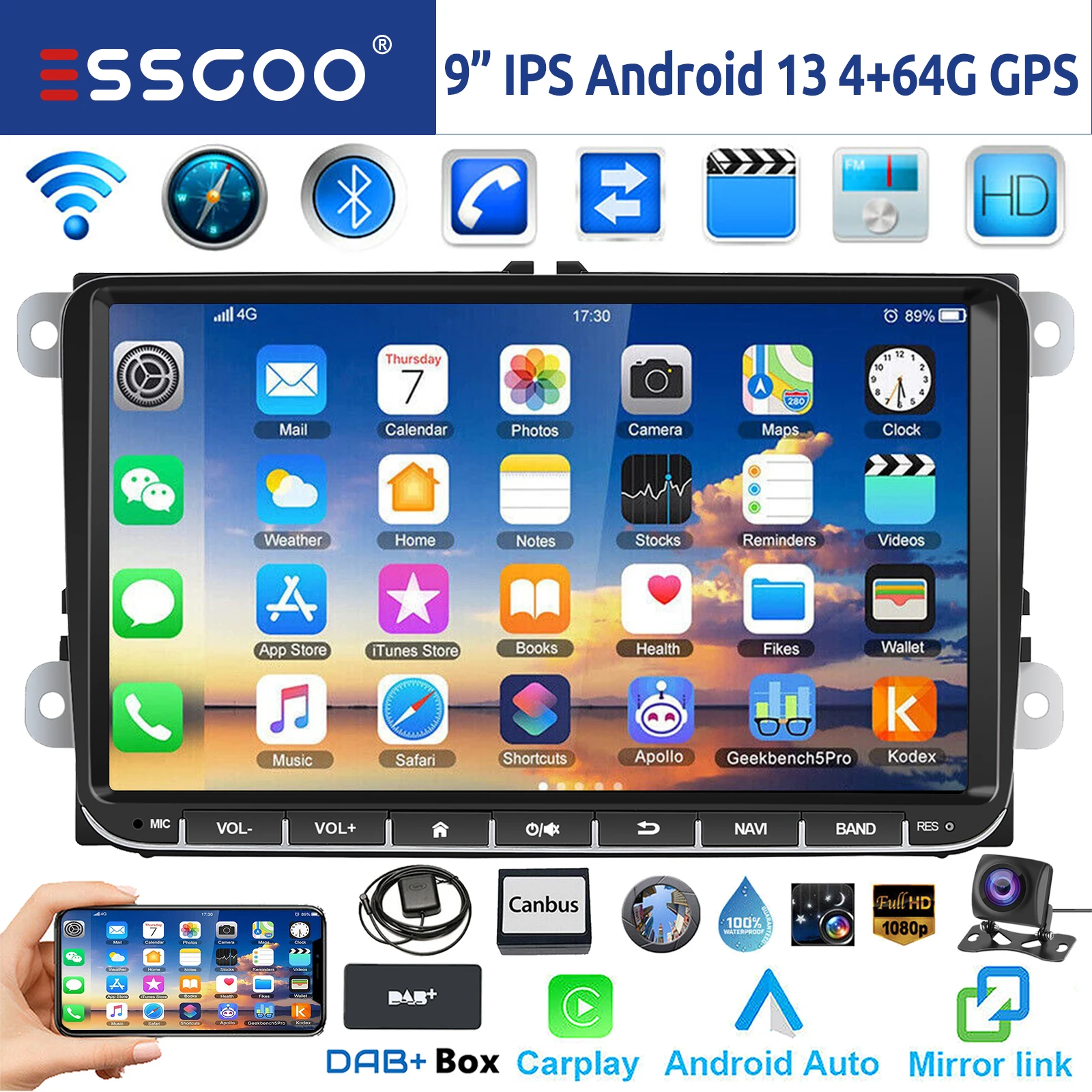 ESSGOO 9 "Android 14 4G + 64G Apple Carplay Autoradio GPS NAVI WIFI RDS FM BT voor VW Golf 5 6 Passat Polo Touran Tiguan Caddy EOS