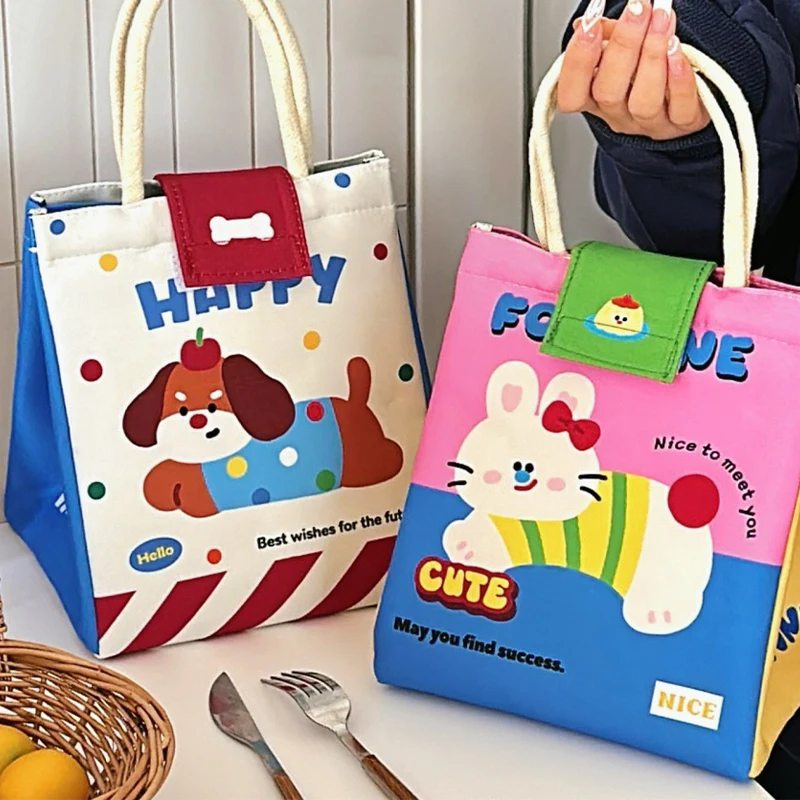 

Cute Printing Lunch Bag Cartoon Creative Student Storage Bag Insulation Large Capacity Handbag Side Buckle Reusable Square Bags