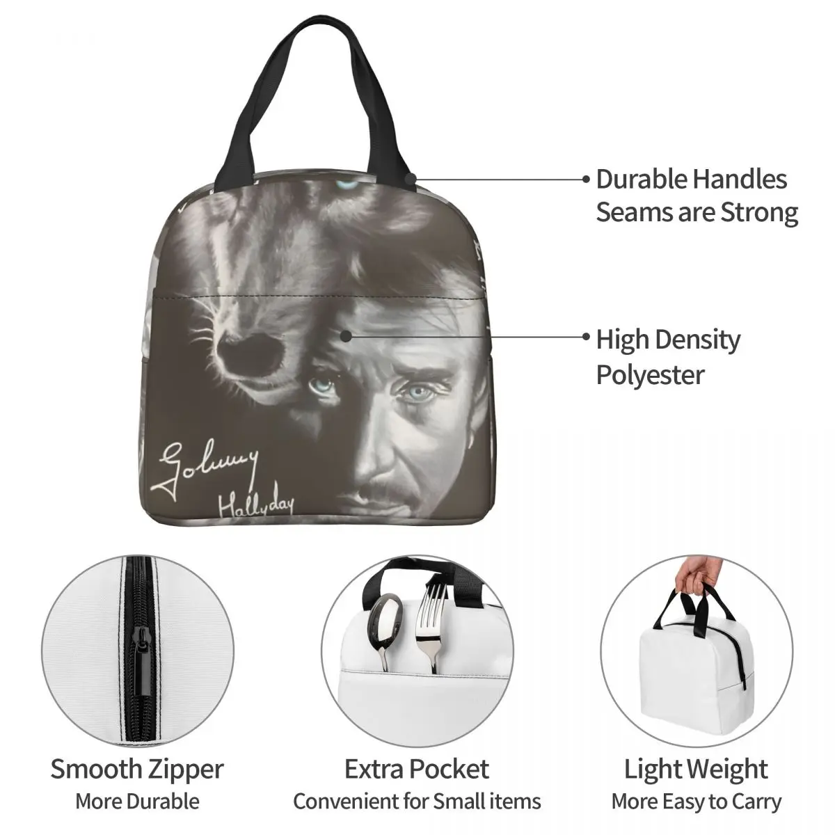 For Outdoor Johnny Hallyday Handsome Zipper Closure Unique Johnny Hallyday Lunch Boxes Teen Girl Boy Men Women Lunch Box Bag