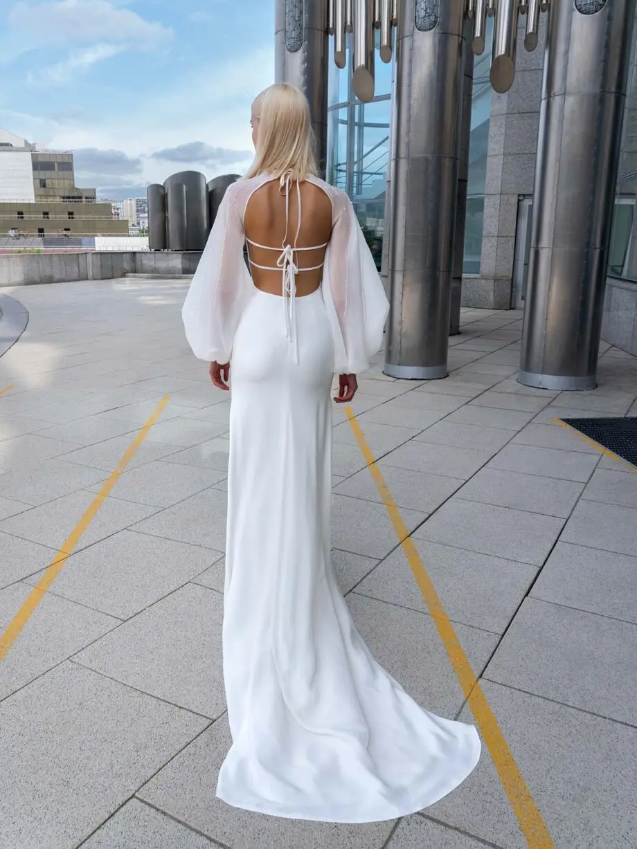 Customized Backless Minimalist Wedding Dress Mesh Sleeve Mermaid Bridal Gown White Satin Boho robe de mariage