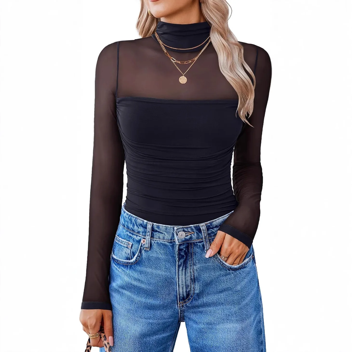 Top Women Mesh T Shirt Base Layer Sheer Sexy Half High Collar Solid Color Stretch Slim Basis Tops Autumn Office Lady Tees - Image 4