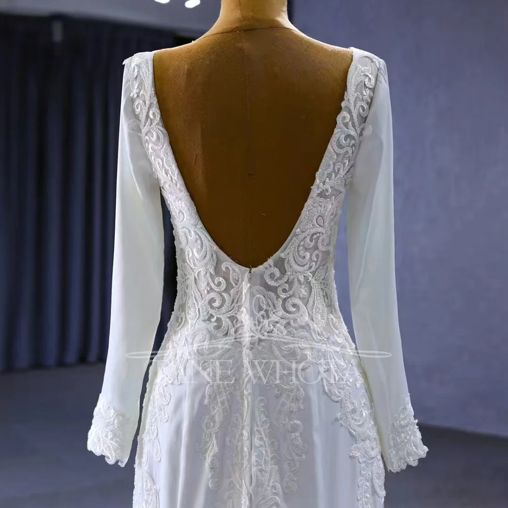 Women's Sexy Bridal Gown O-Neck Long Sleeve Civil Embroidery Sheath Style Customizable Fit Wedding Dress For Women