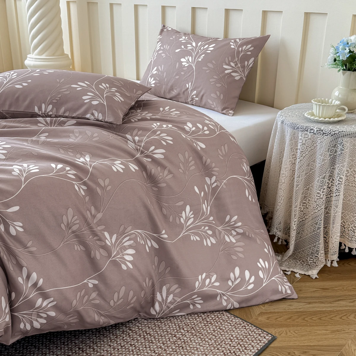 طقم غطاء لحاف مكون من 3 قطع مطبوع عليه نباتات من Café Brown مع سحاب إغلاق، مفروشات ناعمة قابلة للتنفس لجميع المواسم