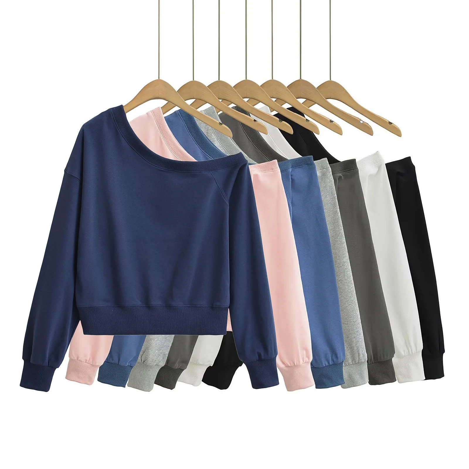 Zhao Rusi 2024 otoño nuevo diseño Irregular hombro inclinado manga larga sudor mujer sentido suelto todo-fósforo hombro Top