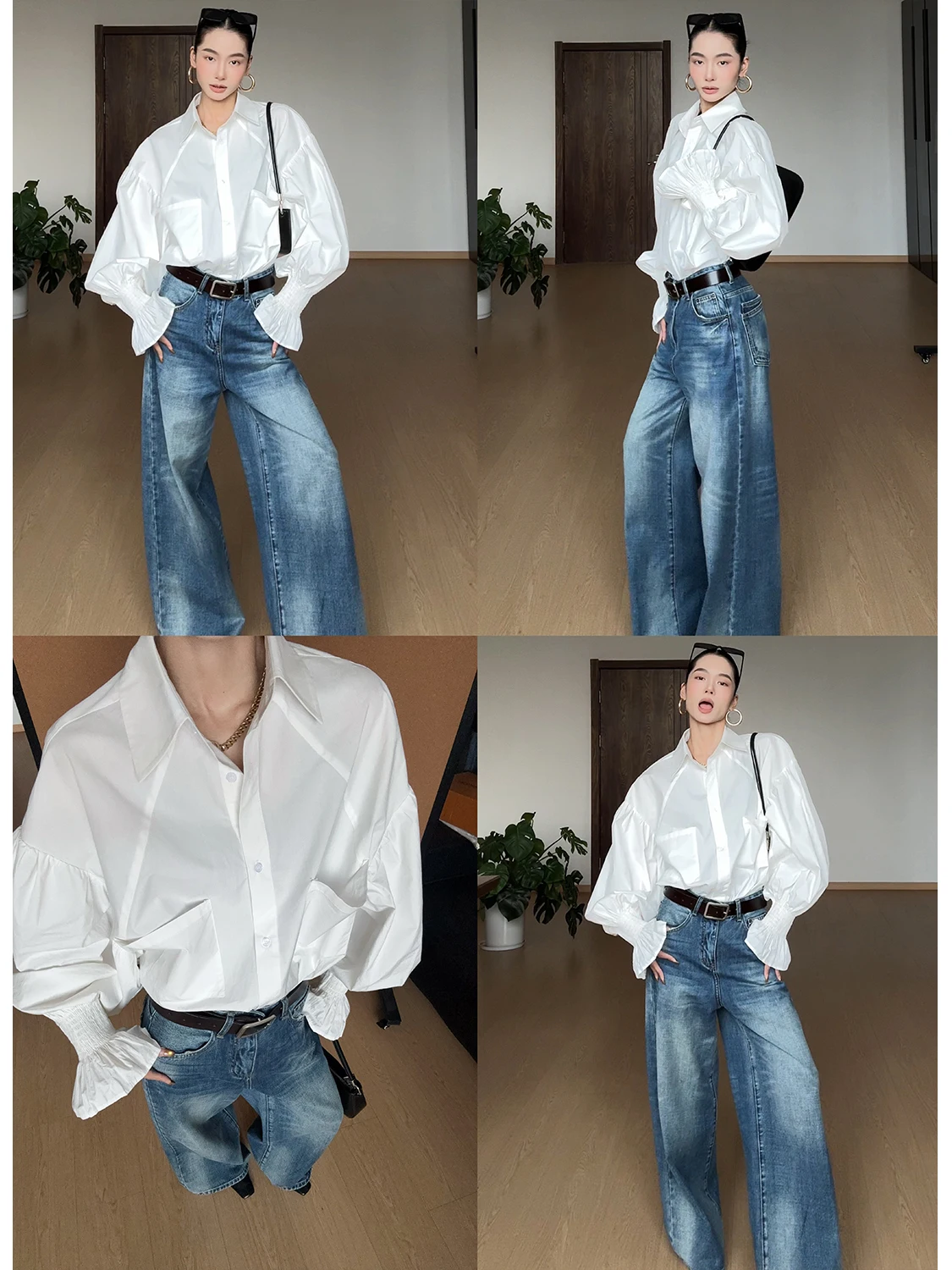

CIZZLEMORE Gentle Lazy Style Loose Design Lantern Sleeve Shirt Pure Cotton Long Sleeve Flip Collar Short Length Women's Shirt