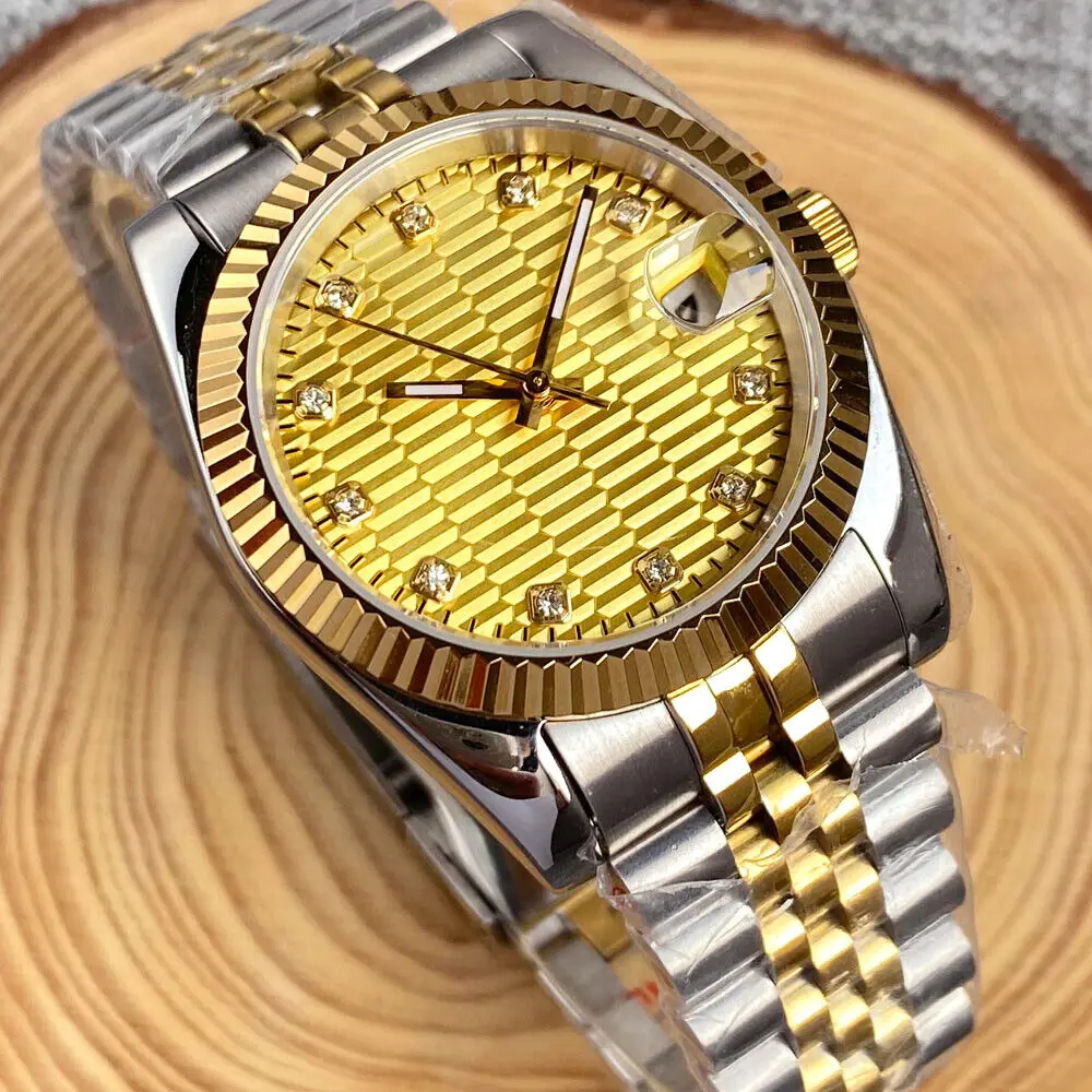 Tandorio Two Tone 36mm/39mm NH35A Watch Fit Men Fluted Bezel Sapphire Crystal Date Rose Gold/Yellow Gold waffle Dial Luxury