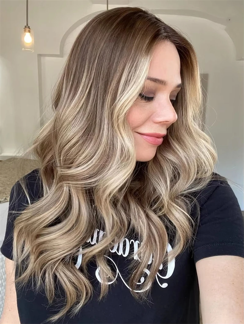 Middle Part Ombre Brown Blonde Synthetic HD Lace Front Wig Mixed Highlighted Blond Wigs for Women Glueless Free Style Party Wig