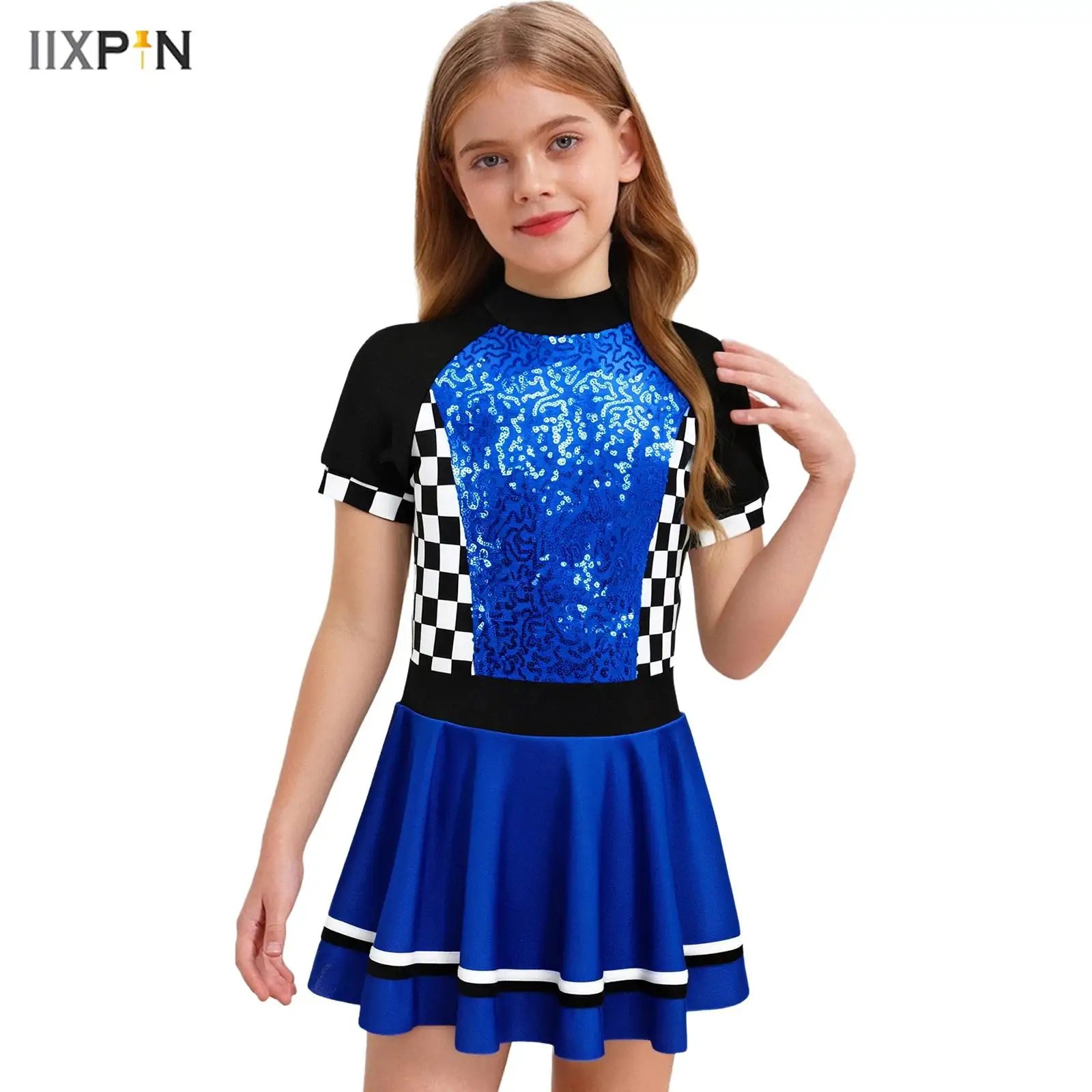 

Girls Racing Driver Costume Checkerboard Shiny Sequins Mock Neck Short Sleeve Dress Built-in Briefs for Halloween Party Cosplay