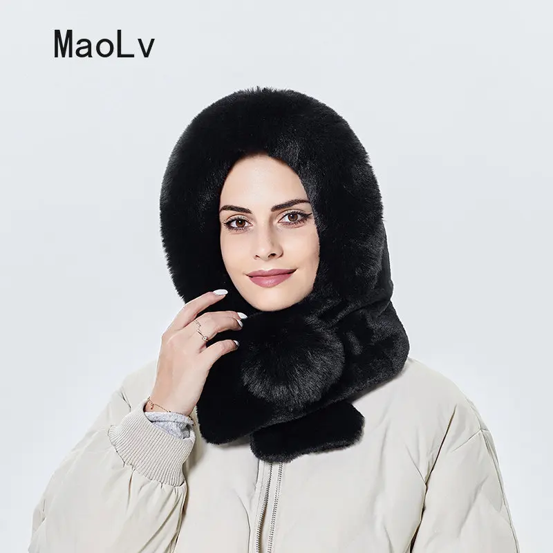 Winter Fur Hooded Cap Women Thicken Warm Skullies Cap Girl Outdoor Ski Windproof Gorro Russia Soft Ear Protection Fluffy Beanies