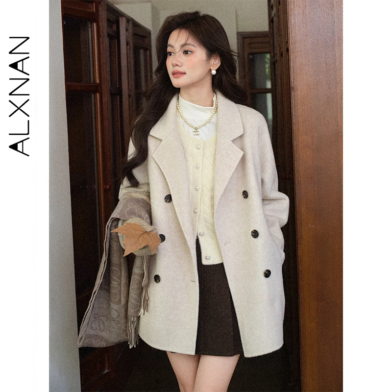 ALXNAN Women's Short Coat 2026 Fall Suit Collar Double-breasted Loose-fit Elegant Jackets Fashion Versatile Wool Blends L57925