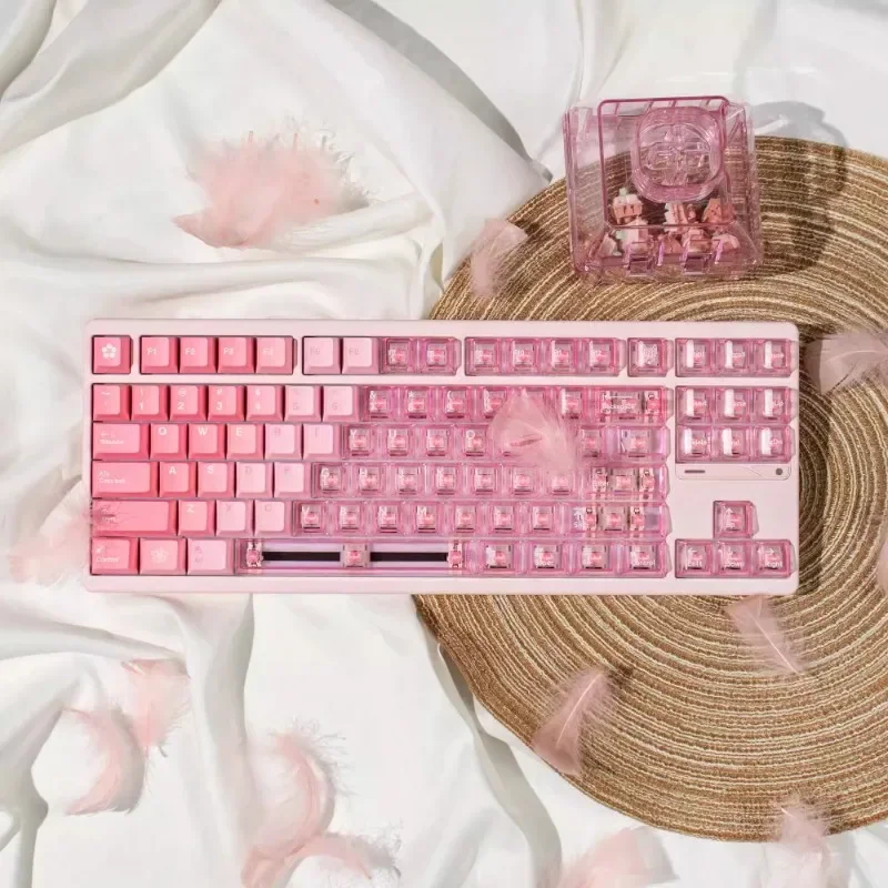 Sakura Theme Keycap 209Key PBT+PC Custom Cute Pink Transparent Keyboard Cap Cherry Profile Gaming KeyCap for Mechanical Keyboard