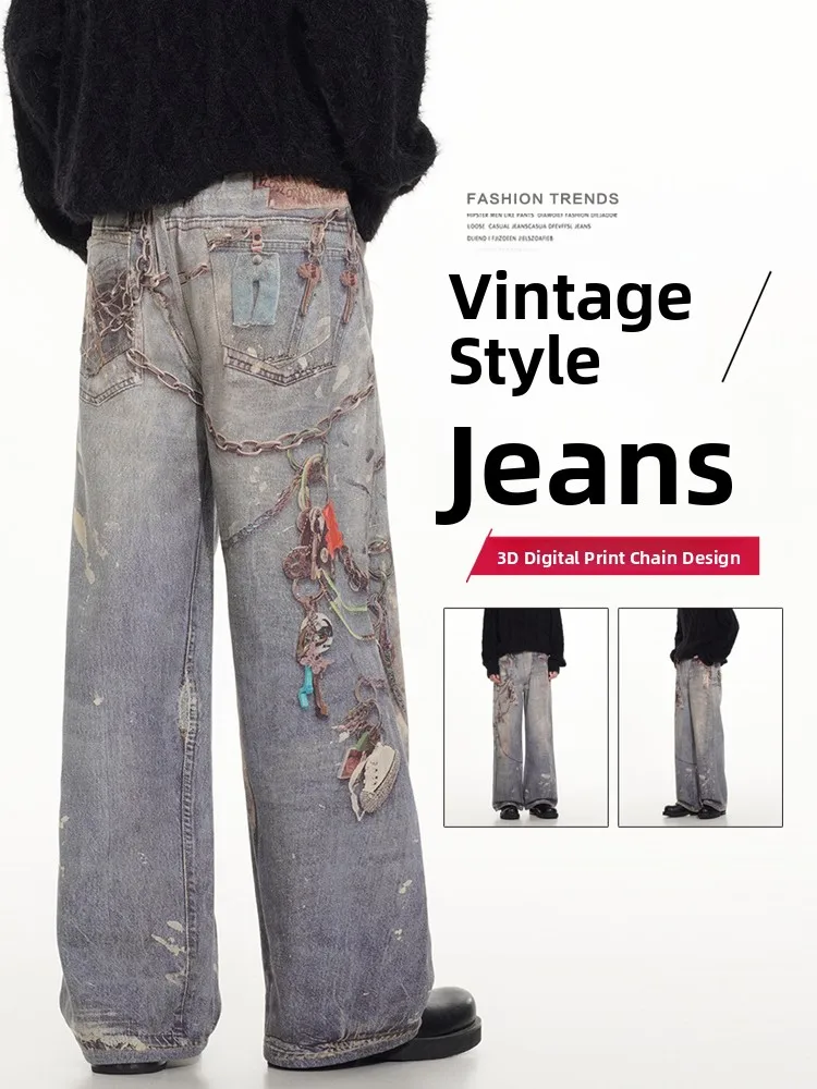

3D Digital Print Chain Design Men's Jeans Spring Autumn Loose Casual Cool Streetwear Wide Leg Long Trousers Straight Cut