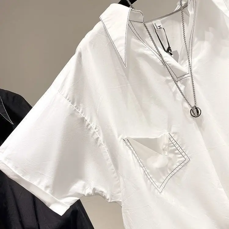 قميص أبيض متخصص للنساء في الصيف على الطراز الكوري، بلوزة رفيعة وفضفاضة بأكمام قصيرة