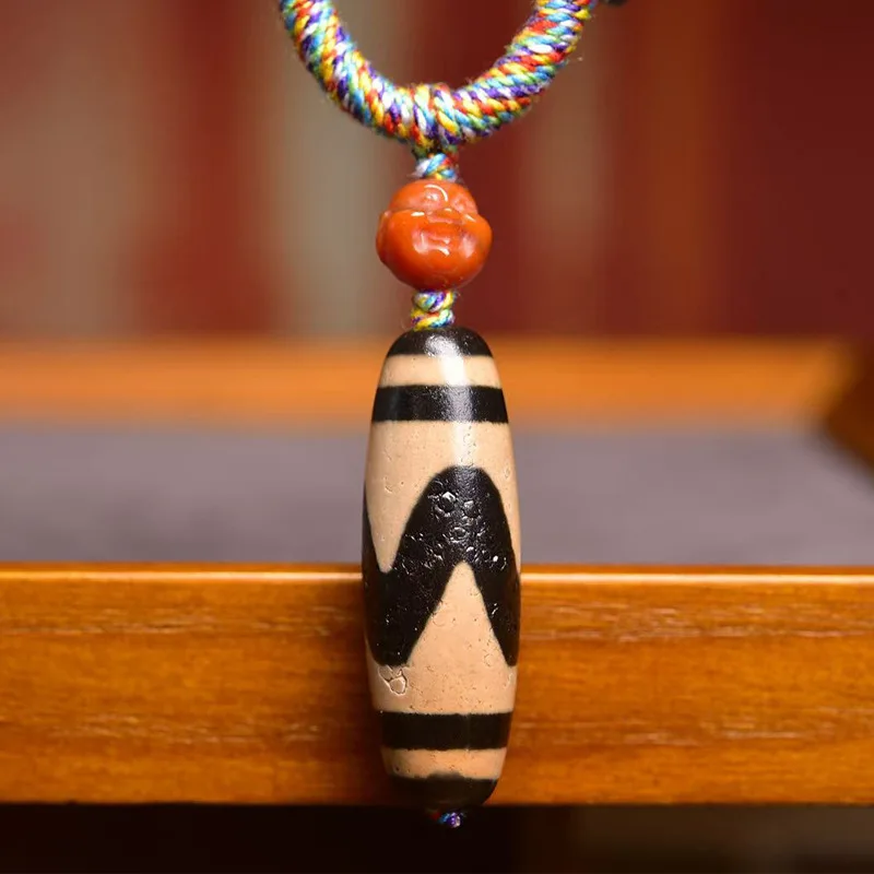 Natural Agate Tiger Tooth Dzi Pendant Sweater Chain, Adjustable Tibetan Style Buddhist Bead Handmade Braided Rope Necklace