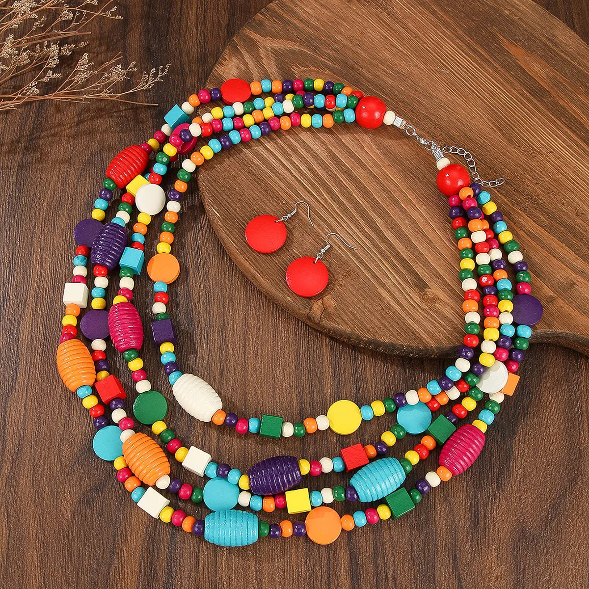 Bohemian Multi-layer Wooden Bead Necklace and Earring Set
