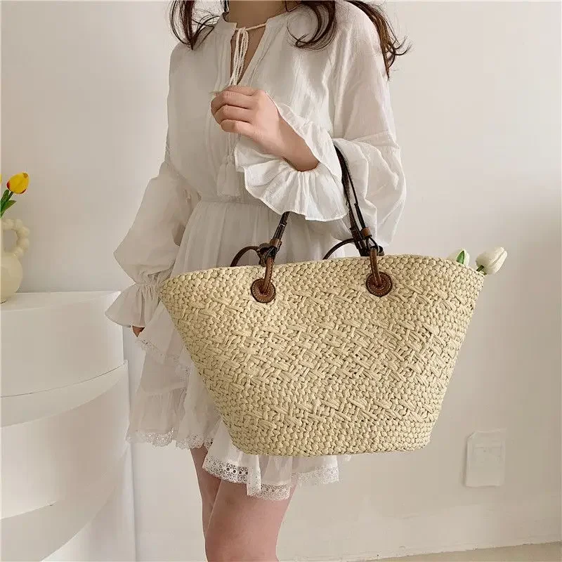 Fashion Design Woven Women\'s Bag New Large Capacity Grass Woven Versatile Shoulder Bag Vacation Beach Commuter Handheld Tote Bag