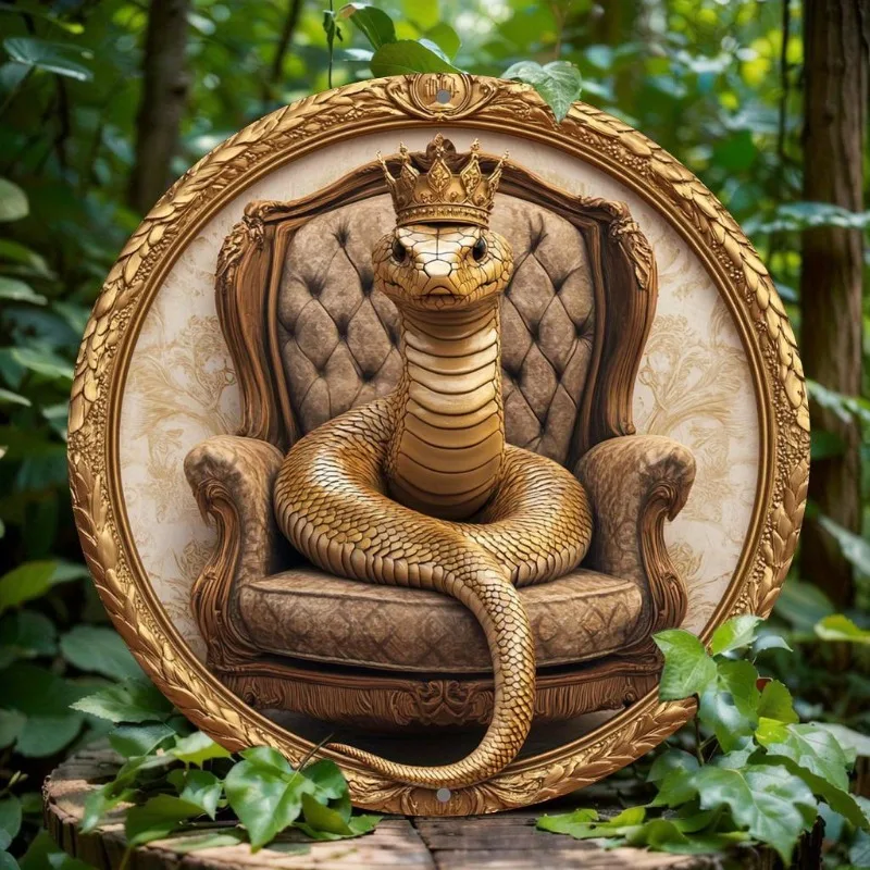 

Round Metal Aluminum Sign, 2D Snake on Throne Design, Artistic Wall Decor for Home, Office, Party, Christmas, Holiday Gift