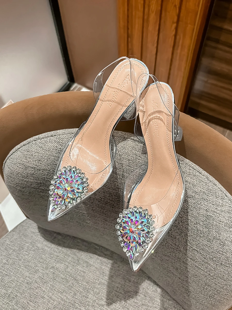 

Women's Baotou Sandals Summer New 2024 Fashion With Pointed Rhinestones Transparent New High Heels