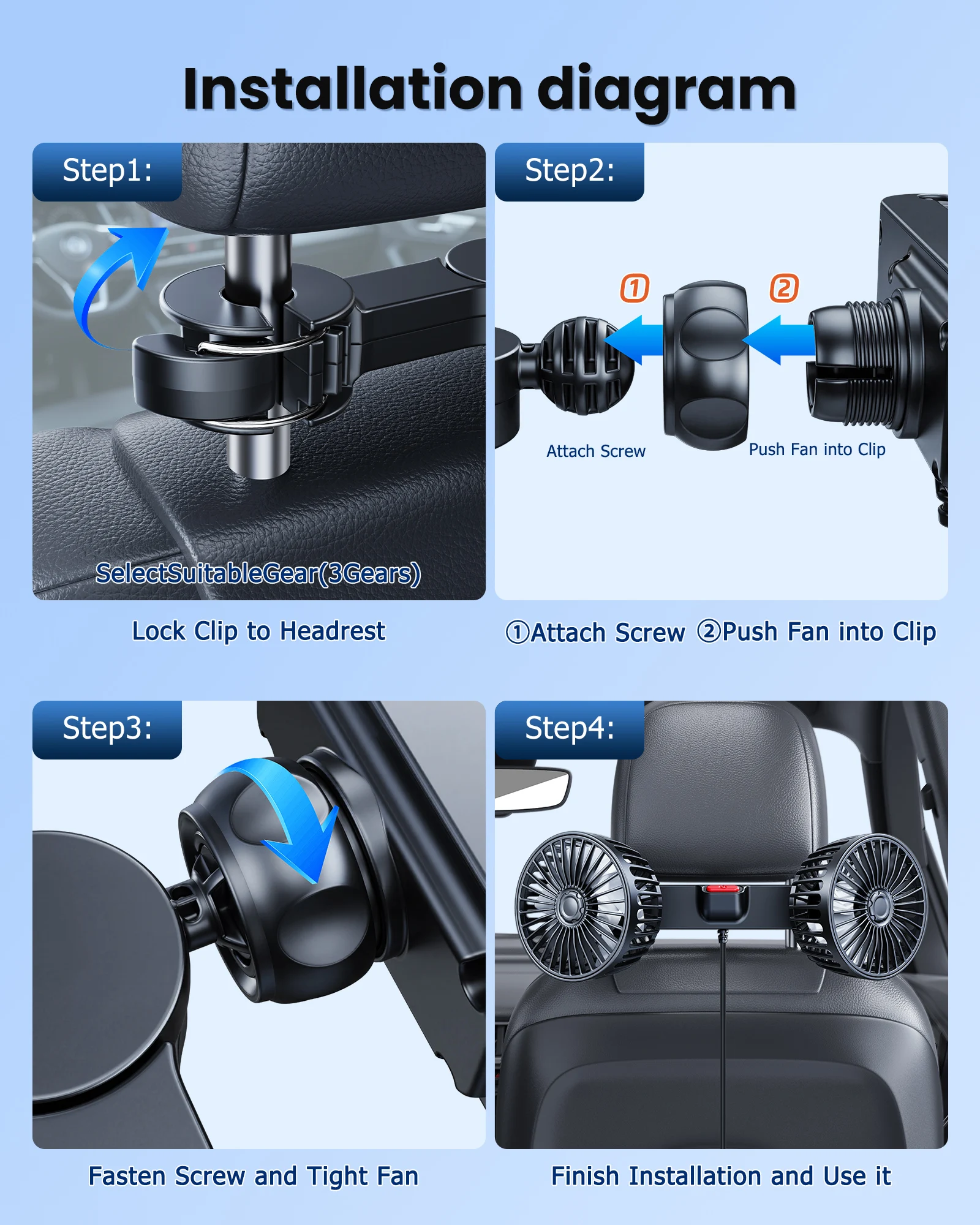 Eary Car Back Rear Seat Dual Head Fan 3 Speeds 360°Rotatable Air Cooling Headrest Fan Portable Summer Auto Van Truck Accessories