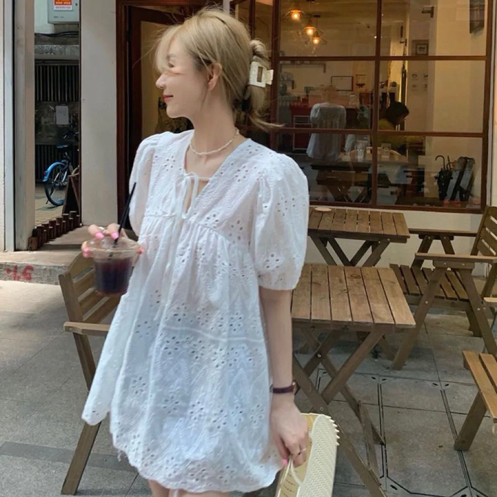 2025 camisa feminina branca renda oca verão solto camisa de manga curta feminina manga bufante design branco topo